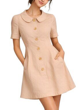 Anthropologie Tulle Women's Peter Pan Collar Midi Dress Cotton Tan Size Large